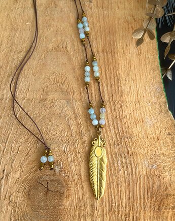 Naszyjnik na sznurku z morganitem i piórem, Blask Natury
