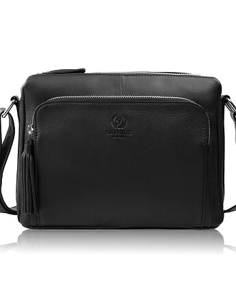 Torebka damska na ramię skórzana czarna klasyczna ze srebrnymi okuciami, Paolo Peruzzi