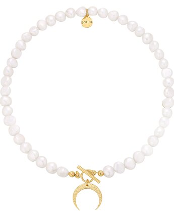 Złoty naszyjnik z naturalnych pereł zdobiony księżycem