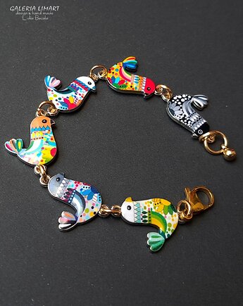 Urocza bransoletka boho z cudnymi kolorowymi emeliowanymi ptaszkami handmade, Galeria Limart