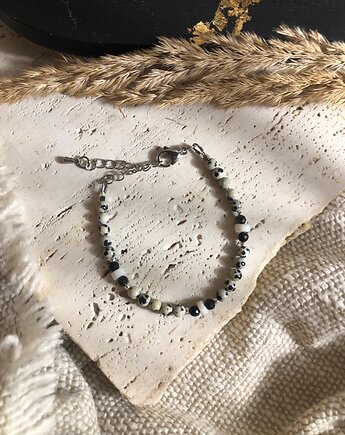 Bransoletka jaspis dalmatyński i obsydian srebrzysty, hematiti