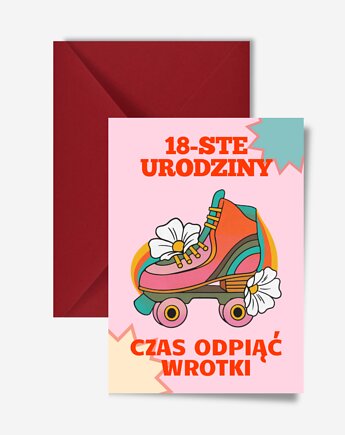 Zabawna kartka na 18 urodziny dla dziewczyny, wrotki, różowe tło, DODUMU