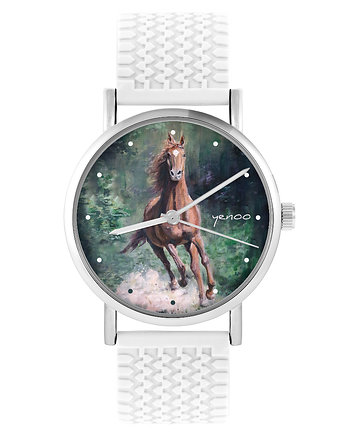 Zegarek - Koń, las - silikonowy, biały, OSOBY - Prezent dla teścia