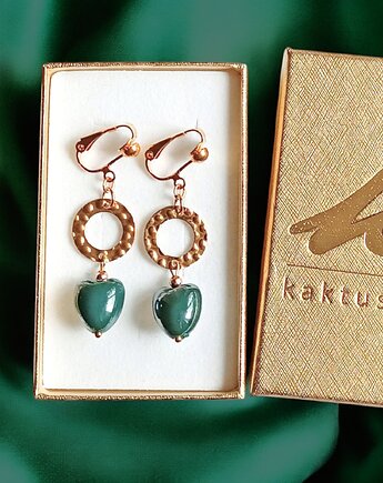 Klipsy długie : serduszka ceramiczne : ciemnozielone, kaktusia