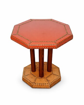 Stolik kawowy, lata 20., drewno bukowe i skóra, vintage, Relikt design