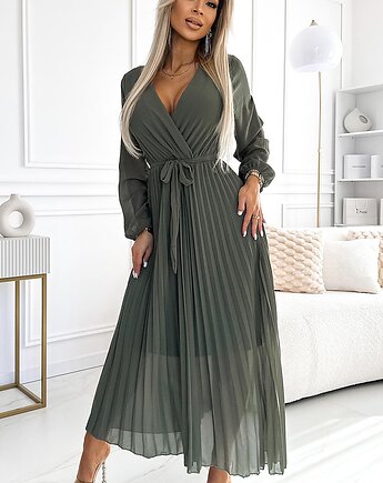 537-2 Plisowana szyfonowa sukienka z długim rękawkiem i paskiem - khaki, NUMOCO