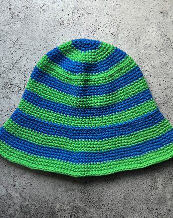 Bawełniany letni kapelusz w chabrowo zielone paski, Made by Jaga