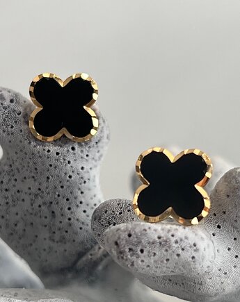 Koniczyna, koniczynka kolczyki z onyksem srebro pr. 925 pozłacane., Ade Art