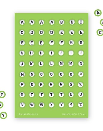 Naklejki Koraliki z Literkami Alfabet Klasyczny Zielony 1 Arkusz, Anna Grunduls Design