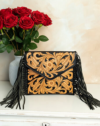 Torebka skórzana ręcznie rzeźbiona ciekawe wzory kopertówka, SempreArte