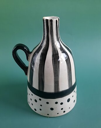 Wazon butelka czarno białe paski kropki ręcznie malowana, Ceramika Wydry