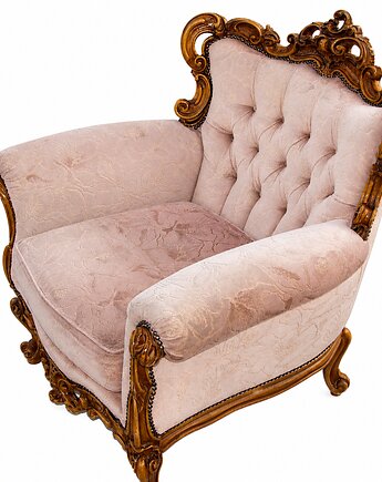 Francuski fotel vintage, lata 60., drewno rzeźbione, sprężyny, Relikt design