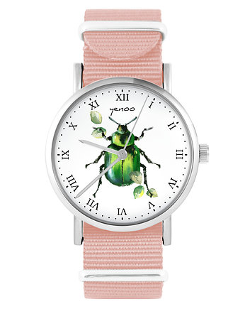 Zegarek - Zielony żuczek - brzoskwiniowy róż, yenoo