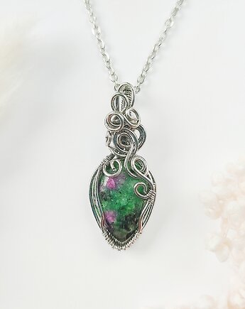 Naszyjnik Zoisyt z Rubinem stal chirurgiczna wisiorek handmade wirewrapping, byNostawen