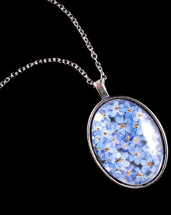 Owalny naszyjnik z niezapominajkami w żywicy., So Jewelry
