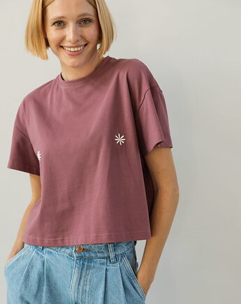 T-shirt Crop-Voila Rose Brown Białe Stokrotki, MKTP