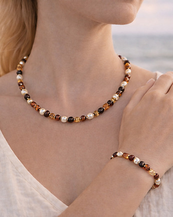Komplet biżuterii z bursztynu i pereł - Naszyjnik i bransoletka z bursztynu, AmberMal