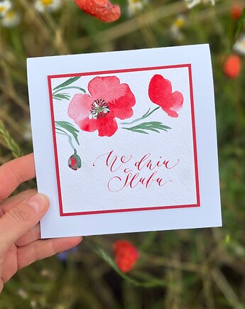 Kartka ślubna ręcznie malowana i kaligrafowana z makami, ELI