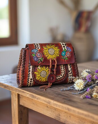 Torebka skórzana Ivanna ręcznie robiona kwiaty, SempreArte