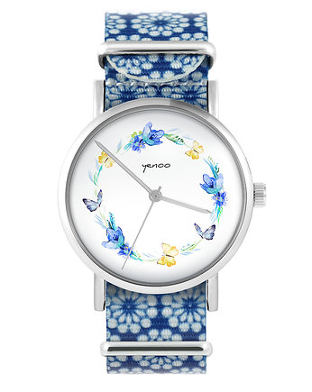 Zegarek - Wianek, motyle - niebieski, kwiaty, yenoo