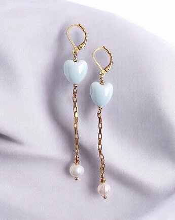 Kolczyki dłuuugie : serduszka ceramiczne i perły : niebieskie, kaktusia