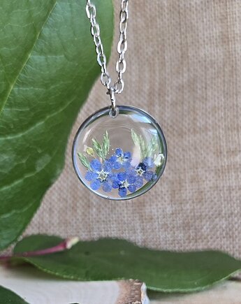 Wisiorek z niezapominajkami prawdziwe kwiaty srebrny, zkwiatem