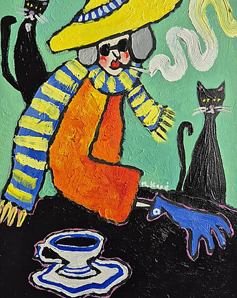 Obraz do salonu portret babci śniło mi się że siedziałam z kotami, alice oil on canvas