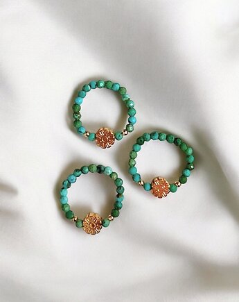 Pierścionek PREMIUM :: turkus naturalny & złoty hematyt, kaktusia