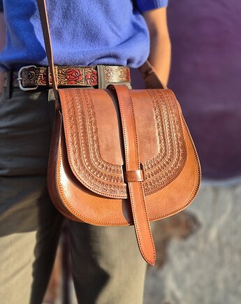 Torebka skórzana ręcznie robiona góralska Rosa na ramię wzory, SempreArte