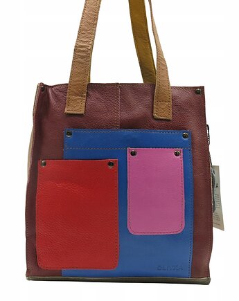 Torebka damska shopper, pojemna, skórzana ze skrawków kolorowa OLIVKA, Olivka Warsaw