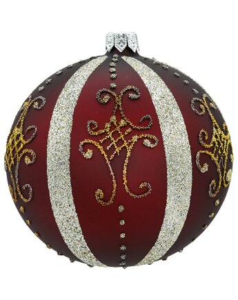 Bombka czerwona z eleganckimi srebrnymi zdobieniami, Syn Bombkarza