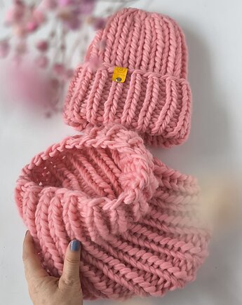 Komplet zimowy wełniana czapka i komin PERUVIAN słodki róż, sploteka