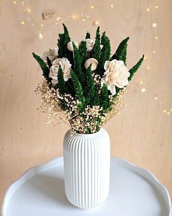 Zielono-kremowy bukiet do wazonu - Dekoracja stołu na Komunię, BohoSuszki