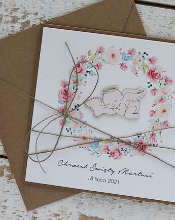 Ręcznie robiona kartka na chrzest dla dziewczynki z aniołkiem w wianku ecru, sorte