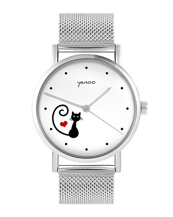 Zegarek - Kotek, serce - bransoleta mesh, yenoo