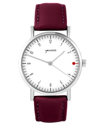 Zegarek - Simple biały - skórzany, burgund, yenoo