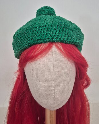 Unikatowy beret w kolorze zielonym z błyszczącą nitką., Ula Raclawska