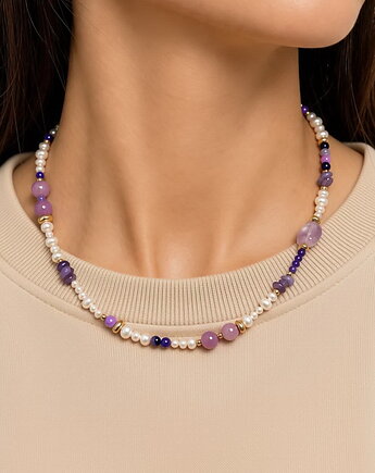 Naszyjnik  z naturalnych pereł, minerałów- stal szlachetna 316 pozłacana, Coccola JEWELLERY