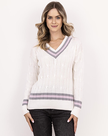 Sweter z ozdobnym dekoltem w serek - SWE304 ecru/szary/róż MKM, MKMswetry