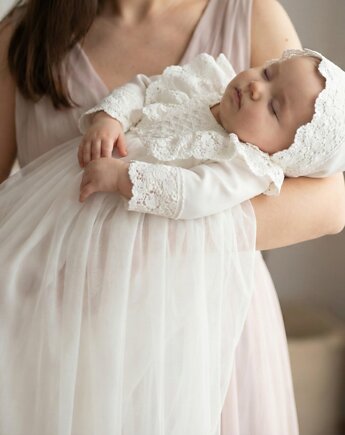 Zestaw Sukienka i bonetka do chrztu Sylvia - długa tiulowa, Papiloo