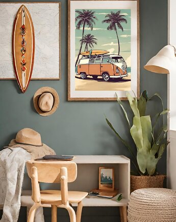 PLAKAT boho camper van, surferski, vintage ilustracja, travel poster, black dot studio