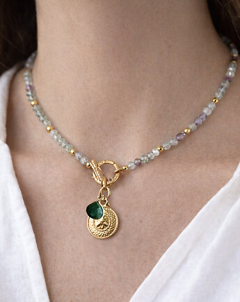 Krótki Naszyjnik/bransoletka  Fluoryt, miętowy naszyjnik fiolet złoto, Anemon Atelier