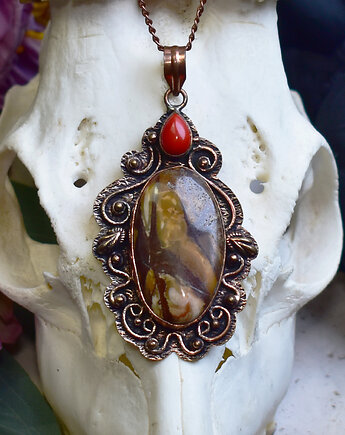 Miedziany ozdobny wisiorek z jaspisem i koralem, Spirit Of Copper