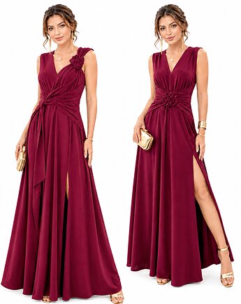 Sukienka Maxi Bordowa Rozporek Drapowanie Róża, MM FASHION