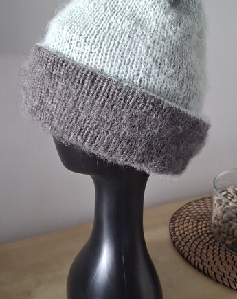 Czapka Fluffy z alpaki dwustronna mięta - ciemno szara, Knit Couture