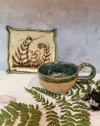 Filiżanka z talerzykiem lepione ręcznie "Paprocie" 160 ml, AM Natural Home Pracownia Ceramiczna
