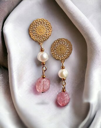 Kwarc truskawkowy & PERŁY - kolczyki na ozdobnych sztyftach, kaktusia