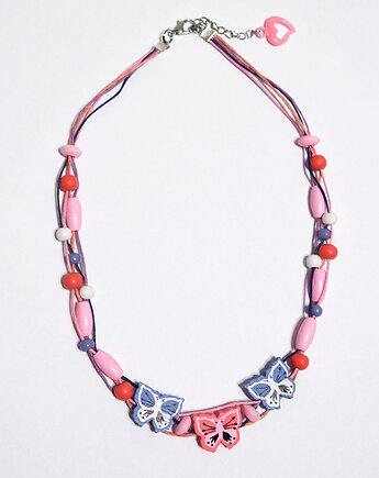 Korale róż i niebieski - Motyle -  drewniane, krótkie, yenoo