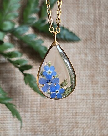 Złoty wisiorek prawdziwe kwiaty zawieszka łezka łza niezapominajki, zkwiatem