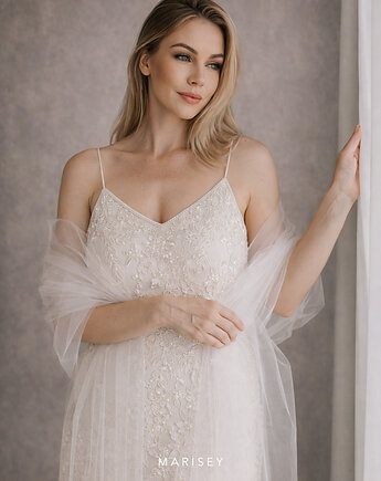 Tiulowy szal ślubny etola bolerko ślubne biały, Marisey